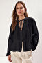 Siyah Pamuklu Dokulu Kolda Dantelli Oversize Boho Dokuma Gömlek TWOSS25GO00038 - 4