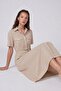 Square Patterned Tie-Waist Double Pocket Midi Length Shirt Dress - 3