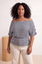 Navy Blue-White Striped Boat Neck Knitted Plus Size Blouse Tbbss26Bf00059