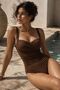 Brown Drawstring One Piece Swimsuit