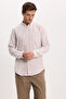 Men's slim fit 100% cotton button-down collar striped long sleeve pocketed linen-effect beige shirt - 4