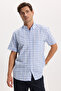 Men's Regular Fit Classic Cut 100% Cotton Short Sleeve Checkered Linen Effect Blue Shirt with Pockets