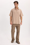Men's relaxed fit short sleeve polo collar jacquard knit plain beige shirt - 2