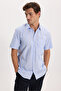 Men's Regular Fit Classic Cut Oversized 100% Cotton Linen Texture Single Pocketed Striped Short Sleeve Blue Shirt
