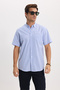 Men's Classic Fit Relaxed Cut Buttoned Collar Checkered Short Sleeve Cotton Blue Shirt