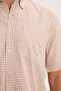 Men's regular fit classic cut 100% cotton short sleeve checkered linen effect beige shirt with pockets - 6
