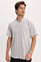 Men's regular fit classic cut 100% cotton short sleeve checkered linen effect beige shirt with pockets - 4