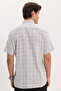 Men's regular fit classic cut 100% cotton short sleeve checkered linen effect beige shirt with pockets - 7