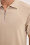 Men's slim fit, extra soft modal short sleeve polo shirt with half-zip detail in beige. - 7