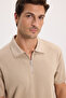 Men's slim fit, extra soft modal short sleeve polo shirt with half-zip detail in beige. - 6