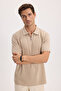 Men's slim fit, extra soft modal short sleeve polo shirt with half-zip detail in beige. - 3