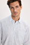 Men's Regular Fit Classic Cut Oversized Long Sleeve 100% Cotton Linen Texture Pocketed Striped Green Shirt - 7