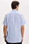 Men's Regular Fit Classic Cut 100% Cotton Short Sleeve Checkered Linen Effect Blue Shirt with Pockets - 8