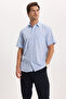 Men's Regular Fit Classic Cut Oversized 100% Cotton Linen Texture Single Pocketed Striped Short Sleeve Blue Shirt