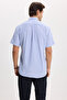 Men's Classic Fit Relaxed Cut Buttoned Collar Checkered Short Sleeve Cotton Blue Shirt - 8