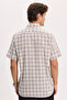 Men's regular fit classic cut 100% cotton short sleeve checkered linen effect beige shirt with pockets - 8