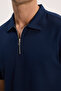 Men's Slim Fit, Extra Soft Modal Fabric, Short Sleeve, Half Zipper, Navy Blue Polo Collar T-Shirt - 5