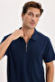 Men's Slim Fit, Extra Soft Modal Fabric, Short Sleeve, Half Zipper, Navy Blue Polo Collar T-Shirt - 4