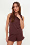 Bordo %100 Pamuklu Fırfırlı Şortlu Örme Pijama Takımı THMSS22AU0304 - 2