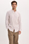 Men's slim fit 100% cotton button-down collar striped long sleeve pocketed linen-effect beige shirt