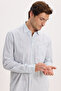 Men's Regular Fit Classic Cut Oversized Long Sleeve 100% Cotton Linen Texture Pocketed Striped Green Shirt - 4