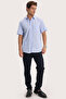 Men's Regular Fit Classic Cut Oversized 100% Cotton Linen Texture Single Pocketed Striped Short Sleeve Blue Shirt - 2