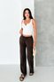 Women's Dark Brown Baggy Fit Elastic Waist Tie Detail 100% Cotton Trousers Emi̇ly-3023 - 4