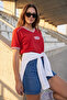Red Slogan Printed Jersey Oversize/Wide Cut V-Neck Knitted T-Shirt Twoss24Ts00112 - 2