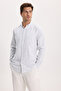 Men's Slim Fit 100% Cotton Buttoned Collar Striped Long Sleeve Pocketed Linen Effect Shirt - 3