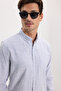 Men's Slim Fit 100% Cotton Buttoned Collar Striped Long Sleeve Pocketed Linen Navy Blue Shirt - 4