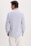 Men's Slim Fit 100% Cotton Buttoned Collar Striped Long Sleeve Pocketed Linen Navy Blue Shirt - 7