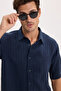 Men's Relax Fit Comfortable Cut Sports Collar Short Sleeve Striped Soft Textured Slit Navy Blue Shirt - 4