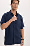 Men's Relax Fit Comfortable Cut Sports Collar Short Sleeve Striped Soft Textured Slit Navy Blue Shirt - 8