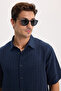 Men's Relax Fit Comfortable Cut Sports Collar Short Sleeve Striped Soft Textured Slit Navy Blue Shirt