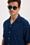 Men's Relax Fit Comfortable Cut Short Sleeve Lapel Collar Jacquard Fabric Knitted Plain Navy Blue Shirt - 5