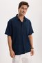 Men's relaxed fit 100% cotton bohemian fabric casual short sleeve navy blue shirt with pockets - 4