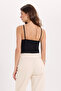 Women's slim fit black crop tank top with thin cotton straps - 7