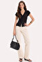 Women's Slim Fit Tight-Fitting Short-Sleeved Textured Buttoned Black Blouse Shirt with Stitching Detail - 2