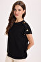 Women's Oversize Wide Cut Crew Neck Buttoned Shoulder Lycra Black Viscose Blouse - 4