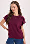Women's Oversize Wide Cut Crew Neck Buttoned Shoulder Lycra Burgundy Viscose Blouse - 4