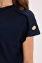 Women's Oversize Wide Cut Crew Neck Buttoned Shoulder Lycra Navy Blue Viscose Blouse - 6
