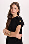 Women's Oversize Wide Cut Crew Neck Buttoned Shoulder Lycra Black Viscose Blouse - 6
