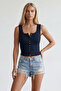 Women's navy blue u-neck strappy buttoned blouse alc-x15539