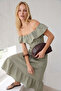 Green Gipeli Ruffle Detailed Carmen Collar Midi Woven Dress Twoss26El00651