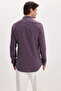 Men's Slim Fit 100% Cotton Buttoned Collar Flam Linen Purple Shirt - 8
