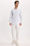 Men's Slim Fit 100% Cotton Buttoned Collar Striped Long Sleeve Pocketed Linen Effect Shirt - 2
