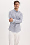 Men's Slim Fit 100% Cotton Buttoned Collar Striped Long Sleeve Pocketed Linen Navy Blue Shirt - 4