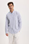 Men's Slim Fit 100% Cotton Buttoned Collar Striped Long Sleeve Pocketed Linen Navy Blue Shirt - 3