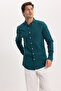 Men's Slim Fit 100% Cotton Buttoned Collar Flam Linen Green Shirt - 2