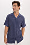 Men's Relax Fit Comfortable Cut Soft Textured Knitted Fabric Short Sleeve Lapel Collar Navy Blue Shirt - 5